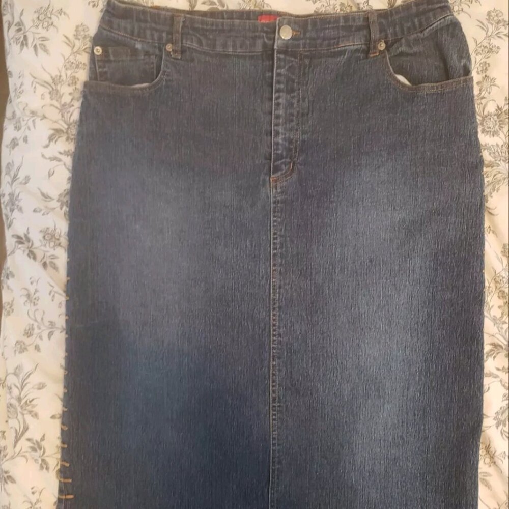 494 Long Midi Modest Denim Wash Blue Jean Y2K Skirt Size 18 Straight Back Slit